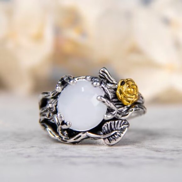 New Womens Moonstone Silver and Gold Ring with Organic Design - Picture 2 of 4